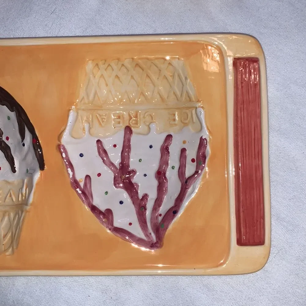 Ice Cream Novelty Serving Platter Plates Living Art 5 Piece Set Brown Pink White